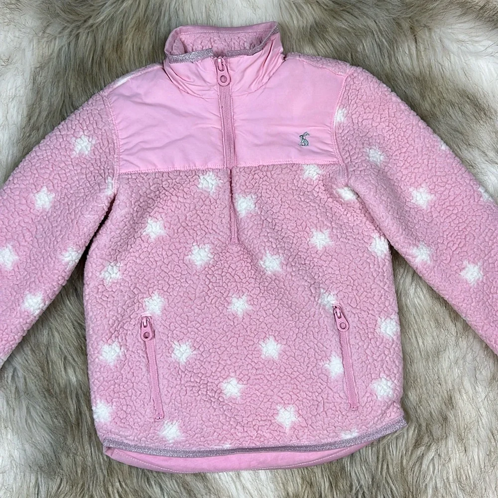 Joules Girls Pink Star Sherpa Fleece Half Zip Pullover Size 5